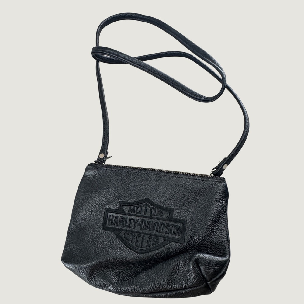 Harley-Davidson Women Black Pebbled Leather Embossed Logo Crossbody Bag